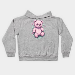 Pink Teddy Bear around Flowers: Scattered Watercolor in Pastel Colors Kids Hoodie